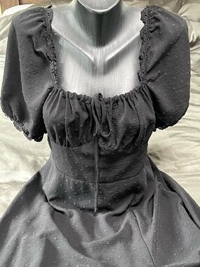 SHEIN Black Swiss Dot Puff Sleeve Dress with Tie Detail